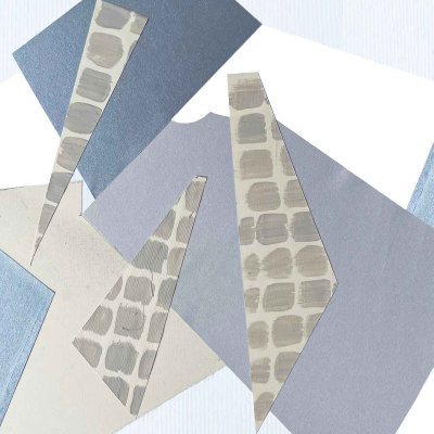 An abstract collage wallpaper featuring geometric shapes in muted tones of blue, gray, and beige. Three triangular shapes adorned with a grid pattern are layered over flat colored backgrounds, creating depth and intrigue. The composition subtly asks, 