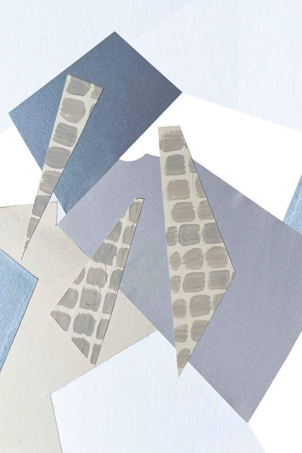 An abstract collage wallpaper featuring geometric shapes in muted tones of blue, gray, and beige. Three triangular shapes adorned with a grid pattern are layered over flat colored backgrounds, creating depth and intrigue. The composition subtly asks, "How do you do?" through its captivating design.