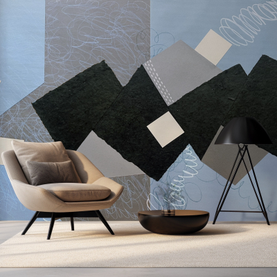 The wallpaper showcases an abstract geometric design with shades of blue, black, and white.