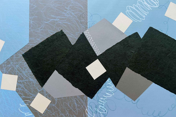 This abstract artwork showcases overlapping dark geometric shapes set against a light blue background. Scattered throughout the piece are dynamic white squiggly lines and small white rectangles, contributing to a layered composition. Varying textures add depth, creating a visually engaging wallpaper. Key elements include dark geometric shapes, light blue background, white squiggly lines, and small white rectangles.