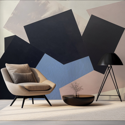 The wall features a geometric pattern with shapes and angles, combining shades of black, blue, and beige.