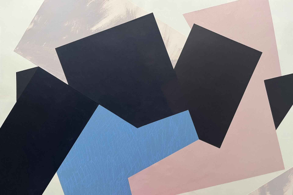 An abstract wallpaper design characterized by geometric shapes in black, blue, pink, and beige. Overlapping angular forms create a dynamic interplay of color and space against a light backdrop, evoking the visual representation of greeting phrases. Elements include intersecting lines and varied polygons contributing to an energetic yet harmonious composition.