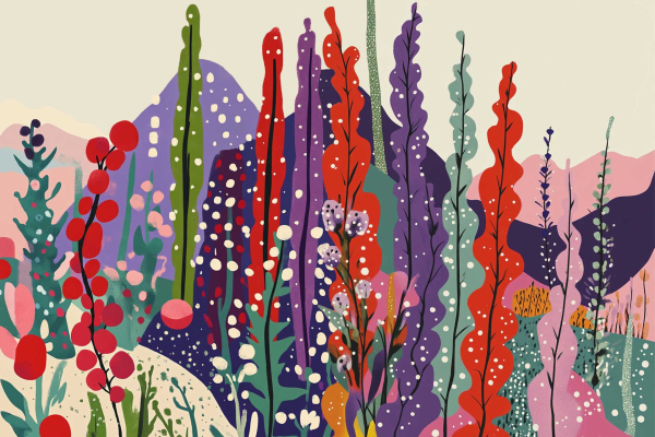 Wallpaper features a vibrant abstract nature scene with tall, multicolored plants, flowers, and foliage. Plants vary in shapes and sizes with striking colors: red, purple, green, and orange against a light background.