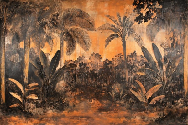 Wallpaper featuring a lush jungle landscape with tall palm trees and thick foliage. Dominated by shades of orange and brown. Dense forest floor, distant horizon, warm tropical atmosphere. Artistic brushstrokes create a textured, slightly abstract feel.