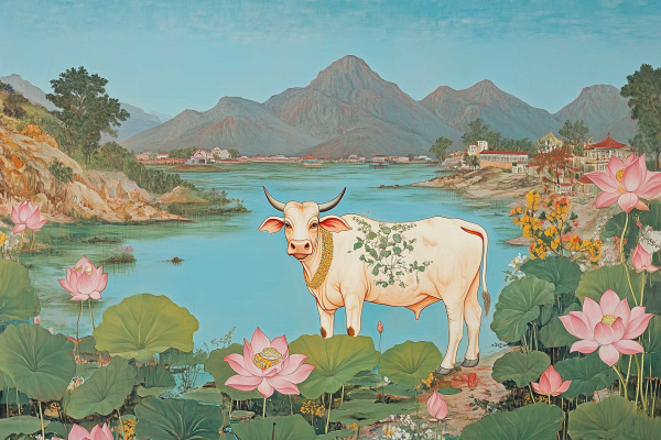 The wallpaper features a white bull with foliage patterns, standing in a pond. Surrounding it are large green leaves and pink lotus flowers. The background showcases mountains, a riverside village, lush greenery, and a clear blue sky.
