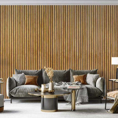 The wallpaper in The Retreat's modern living room features a wooden slatted design.