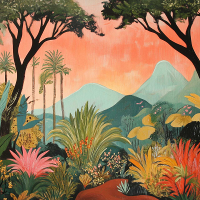 Vibrant wallpaper with a lush tropical landscape features colorful plants, trees, and flowers. Tall palm trees stand against gently sloping mountains under a warm, peach-colored sky. The scene exudes tranquility and natural beauty. Key colors: green, peach, various brights for flowers and foliage.