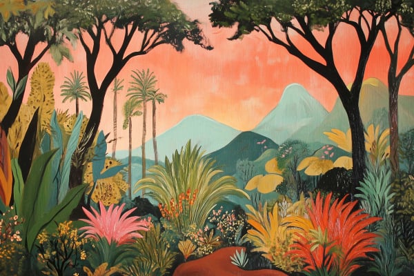 Vibrant wallpaper with a lush tropical landscape features colorful plants, trees, and flowers. Tall palm trees stand against gently sloping mountains under a warm, peach-colored sky. The scene exudes tranquility and natural beauty. Key colors: green, peach, various brights for flowers and foliage.