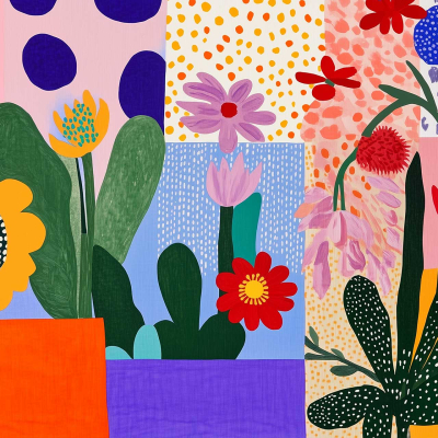Vibrant, abstract wallpaper with a patchwork background featuring polka dots, stripes, and solid colors. Dominant shades include pink, blue, yellow, orange, and purple. Various flowers and leaves are scattered throughout.