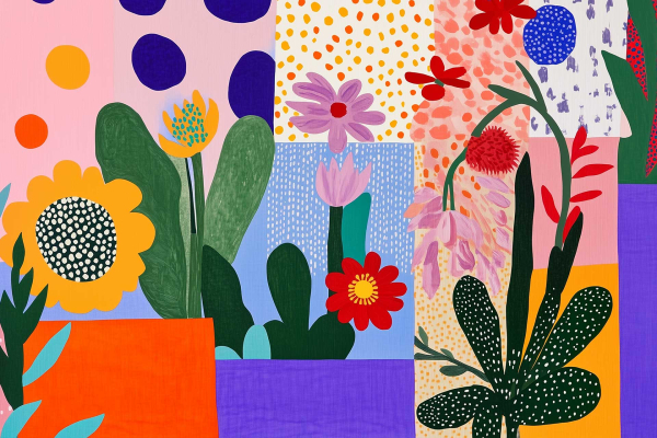 Vibrant, abstract wallpaper with a patchwork background featuring polka dots, stripes, and solid colors. Dominant shades include pink, blue, yellow, orange, and purple. Various flowers and leaves are scattered throughout.