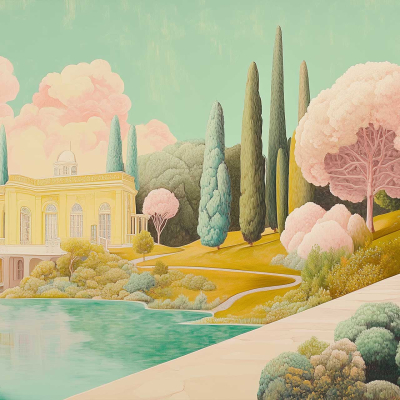 Pastel-colored villa, tranquil lake, lush rolling hills, tall cypress trees, fluffy pink and green foliage, sunlight under leaves, soft turquoise sky, cotton candy clouds.