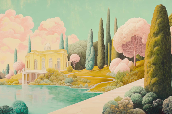 Pastel-colored villa, tranquil lake, lush rolling hills, tall cypress trees, fluffy pink and green foliage, sunlight under leaves, soft turquoise sky, cotton candy clouds.
