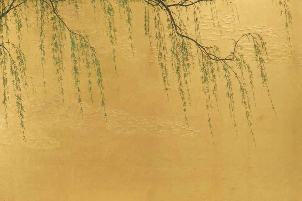 Wallpaper featuring delicate, arching branches of a willow tree with slender green leaves gracefully hanging down. Smooth, golden background enhances the elegance with branches appearing to sway gently. Exudes gravitas and serenity. Elements: willow tree, arching branches, green leaves, smooth golden background.