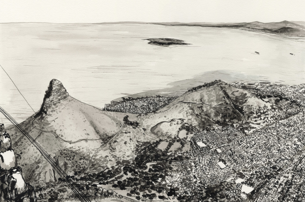 **Illustration Description:**

- **Mountain:** Prominent and pointed, located to the left.
- **Hill:** Rounded, positioned to the right.
- **Cityscape:** Represents De Waal city charm; subtle urban elements suggested in silhouette form.
- **Ocean:** Spans into the background with gentle waves depicted through line work; a calming horizon effect.
- **Island:** Small and distant on the horizon, suggesting isolation and serenity.

**Wallpaper Elements:**
- Monochrome palette (black & white)
- Bold outlines for natural features
- Silhouette effects for urban charm
- Line textures depicting ocean waves

This is designed for easy identification using visual search functions focused on "coastal landscape," "mountain," "city charm," "ocean," and "island" within black-and-white themes.