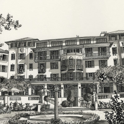 Wallpaper features: black and white illustration, grand multi-story building, ornate architectural details, trees, serene charm, De Waal Park garden, central fountain, elegantly crafted wall. Colors: black, white.