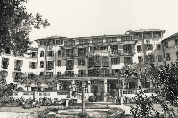 Wallpaper features: black and white illustration, grand multi-story building, ornate architectural details, trees, serene charm, De Waal Park garden, central fountain, elegantly crafted wall. Colors: black, white.