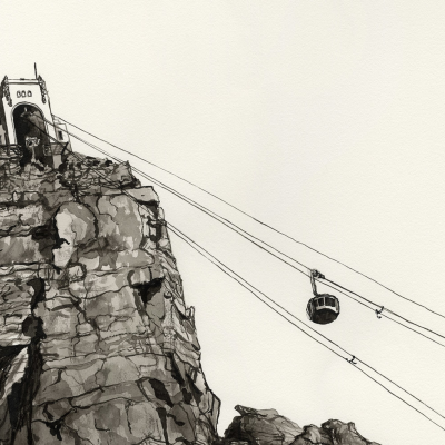 **Illustration Description:**

- **Theme:** Black and white illustration
- **Setting:** Cliffside structure with a rugged, rocky landscape
- **Structure Details:**
  - Cliffside location, reminiscent of areas near De Waal Park
  - Detailed depiction of the rocky environment

- **Key Elements:**
  - ParkWall cables extending from the cliffside structure
  - Round cable car suspended by cables

**Wallpaper Elements and Keywords for Search Function:**

1. Black and white illustration  
2. Cliffside structure  
3. ParkWall cables   
4. Round cable car  
5. Rocky landscape  
6. Rugged environment   
7. De Waal Park atmosphere  

These keywords highlight essential elements that facilitate accurate search results for this specific wallpaper design in an image database or library.
