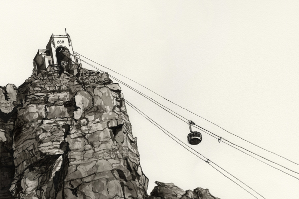 **Illustration Description:**

- **Theme:** Black and white illustration
- **Setting:** Cliffside structure with a rugged, rocky landscape
- **Structure Details:**
  - Cliffside location, reminiscent of areas near De Waal Park
  - Detailed depiction of the rocky environment

- **Key Elements:**
  - ParkWall cables extending from the cliffside structure
  - Round cable car suspended by cables

**Wallpaper Elements and Keywords for Search Function:**

1. Black and white illustration  
2. Cliffside structure  
3. ParkWall cables   
4. Round cable car  
5. Rocky landscape  
6. Rugged environment   
7. De Waal Park atmosphere  

These keywords highlight essential elements that facilitate accurate search results for this specific wallpaper design in an image database or library.