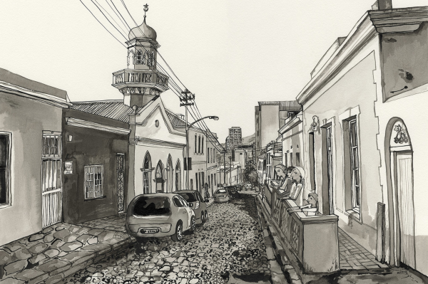 The wallpaper features a monochrome design with intricate patterns depicting a cobblestone street scene. The illustration includes detailed line work of old buildings, a prominent church tower, and vintage parked cars. From the foreground perspective of De Waal Park Apartments, silhouettes of people are visible leaning over balconies. The overall palette is black and white, emphasizing contrast and historic charm. Key search elements: cobblestone street, historic buildings, church tower, parked cars, apartment balconies, people gazing down.