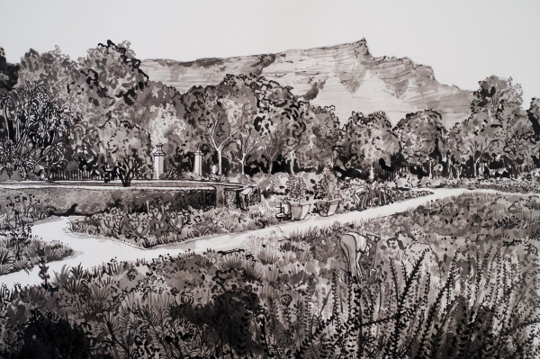 The wallpaper captures the essence of De Waal Park with rich greenery and earthy tones. Shades of deep emerald, olive, and forest green dominate the background, representing a variety of trees and shrubs. Light brown and beige hues outline the iconic ParkWall along the pathway. Soft blue and lavender strokes illustrate the distant mountains under a sky washed with warm yellow and muted orange tones, hinting at a setting or rising sun. Pops of color from blooming flowers in reds, pinks, and purples add vibrancy to this serene garden scene.