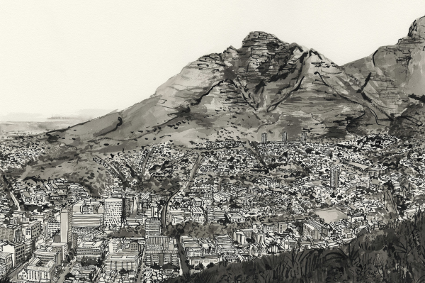 Monochrome sketch of a cityscape with detailed buildings; mountain prominently rising in the background. Seamless blend of architecture and nature. Tranquil ambiance reminiscent of De Waal Park. Elements include city buildings, mountain backdrop; natural and architectural harmony. Color: grayscale/black and white.