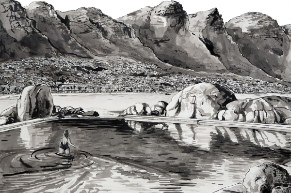 **Wallpaper Illustration Description:**

- **Theme:** Serene landscape
- **Color Palette:** Monochrome (grayscale)
- **Elements Highlighted:**
  - Mountains in the background
  - Person standing in a pool of water
  - Surrounding rocks around the pool
  - Distant town along a bay 
  - Bay nestled under mountainous terrain

**Search Keywords:** Monochrome, serene landscape, mountains, person in water, rocks, distant town, bay view.