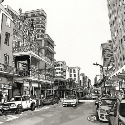 **Illustration Description:**

- **Theme:** Bustling Urban Street Scene
- **Location Elements:** Near De Waal Park
- **Main Features:**
  - Cars 
  - Pedestrians
  - Tall Buildings

- **Architectural Details:**
  - Ornate Balconies

- **Street Signage:**
  - 