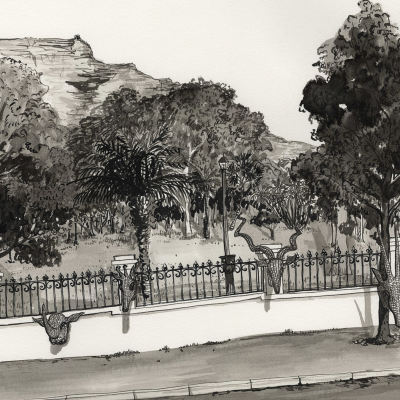 De Waal Park illustration: Black and white tones. Decorative iron fence, intricate detailing. ParkWall—elegant design with stone texture. Lush trees with varied leaf patterns fill the park. Majestic mountains in the background, subtle shading for depth. Overall calm and natural beauty captured in monochrome style.