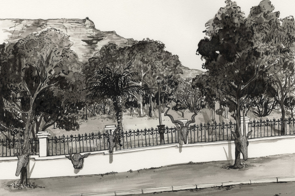De Waal Park illustration: Black and white tones. Decorative iron fence, intricate detailing. ParkWall—elegant design with stone texture. Lush trees with varied leaf patterns fill the park. Majestic mountains in the background, subtle shading for depth. Overall calm and natural beauty captured in monochrome style.