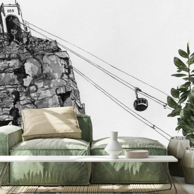 Wall mural featuring Cape Town's iconic cliffs and cable car, with earthy tones of browns, grays, and greens. Blue skies contrast with the rugged landscape, capturing the tranquil essence of De Waal Park. Subtle detailing in foliage adds a touch of natural greenery.