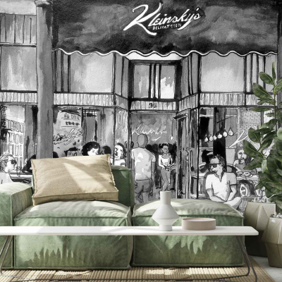 The ParkWall mural is a black-and-white depiction featuring people gathered at the entrance of a deli. It captures dynamic urban elements like bustling figures and storefront details, with high contrast between deep blacks and bright whites. The monochromatic palette highlights textures and patterns found in city life scenes.