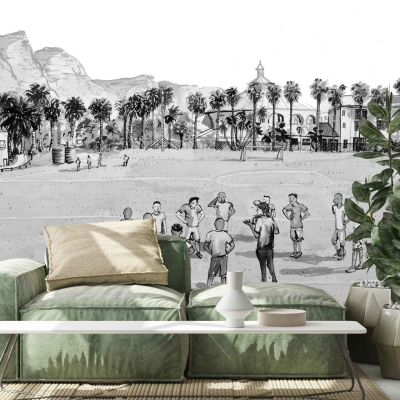 The wallpaper features a vintage sports scene, with athletes in classic attire set against a scenic backdrop of mountains and palm trees. The color palette includes earthy greens, blues, and muted tones to evoke a nostalgic feel reminiscent of De Waal Park.