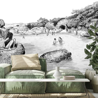 The wallpaper depicts a rocky river scene with people swimming and relaxing. Key elements include rocks, flowing water, trees, and figures. Dominant colors are shades of blue for the river, various greens for foliage, earthy browns and grays for rocks, and subtle skin tones.
