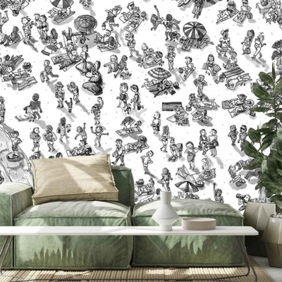 The wallpaper is a whimsical black-and-white beach-themed design adorned with playful cartoon figures.