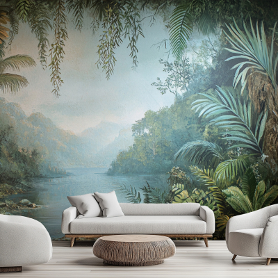 Lush tropical forest mural with vibrant greens, deep river blues, and rich earthy browns.