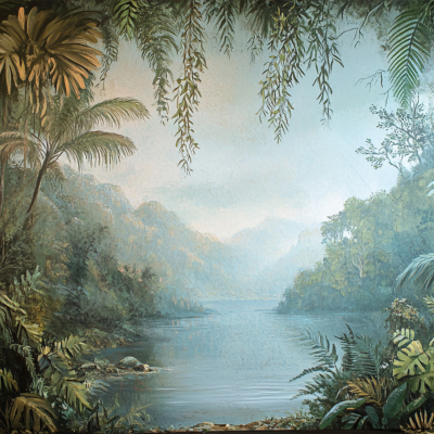 A serene landscape wallpaper showcases a lush tropical rainforest, featuring an array of green plants and trees enveloping a tranquil river. The design includes misty mountains and a pale blue sky, creating a peaceful ambiance. Elements: rainforest, green foliage, calm river, misty mountains, pale blue sky. Colors: greens, blues.