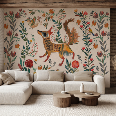 Colorful mural; whimsical fox; vibrant flowers; lush foliage; dawn serenity; bright hues; earthy tones; artistic design.