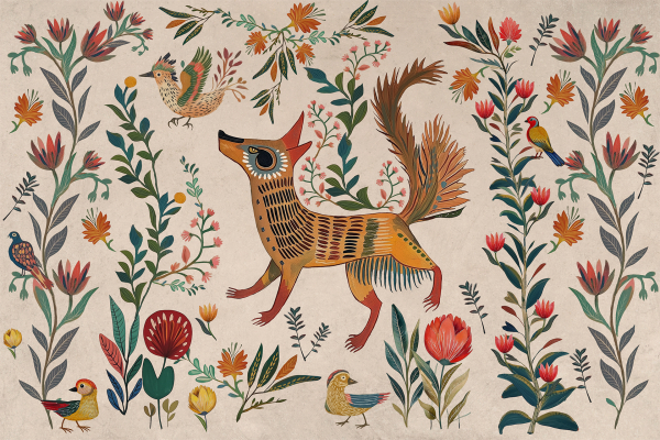 A whimsical illustration showcasing a joyful fox at dawn, surrounded by vibrant flowers and lively birds. The fox, with an uplifted tail and wide smile, is central to the scene. Birds are elegantly perched on flower stems while others soar above, creating a dynamic atmosphere. The floral hues burst with colors like bright reds, sunny yellows, sapphire blues, and lush greens. Delicate birds feature plumage in pastel pinks and soft oranges. All of this is set against a textured beige background that adds depth to the lively composition. Keywords: whimsical fox wallpaper, dawn scene, vibrant flowers and birds background.