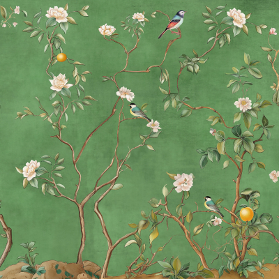 A lush green wallpaper featuring intricately painted branches, white flowers, yellow lemons, and vibrant birds perched on intertwined stems and leaves. This detailed design offers colorful accents with white floral blooms and golden fruits amid the rich greenery.