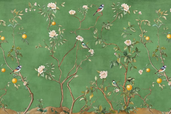 A lush green wallpaper featuring intricately painted branches, white flowers, yellow lemons, and vibrant birds perched on intertwined stems and leaves. This detailed design offers colorful accents with white floral blooms and golden fruits amid the rich greenery.