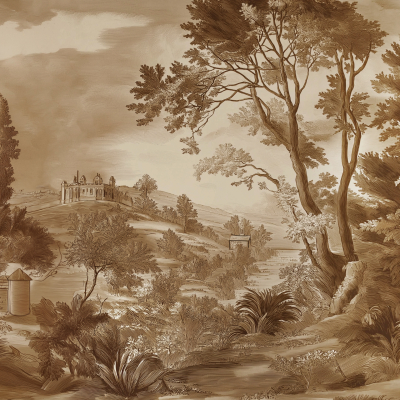 Sepia-toned landscape wallpaper features uplifted lush trees with elegant silhouettes. The rolling hills provide a serene backdrop, crowned by a distant classical building on a hilltop. In the foreground, tall trees and rich vegetation add depth and sophistication, capturing nature's artistry in timeless earth tones of warm browns, gentle beiges, and soft creams. Elements include elevated tree lines, undulating terrains, and architectural prominence in subtle sepia hues for an exquisite visual symphony.