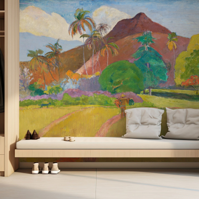 The wallpaper features a vibrant tropical landscape with lush greenery, colorful flowers, exotic birds in vivid hues, and soft blue skies. Rich greens stand out amidst splashes of bright reds, yellows, and purples. The scene captures the essence of a lively yet tranquil paradise.