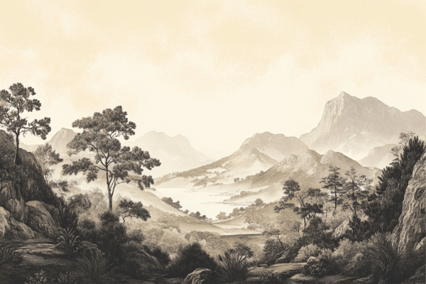 Sepia-toned wallpaper depicting tranquil landscape, distant mountains, serene lake, scattered trees, rolling hills, rocky formations. Colors: warm browns, soft beige, muted greens. Peaceful and timeless ambiance.