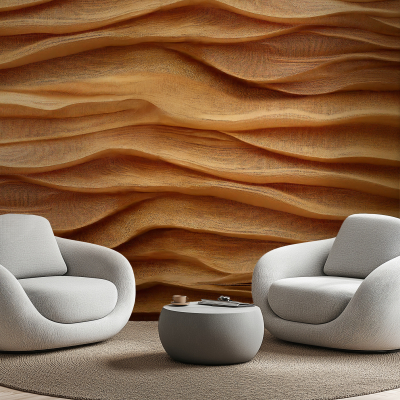 Textured wall with a wavy wooden pattern, Timberland natural aesthetic, earthy tones, wood grain motifs.