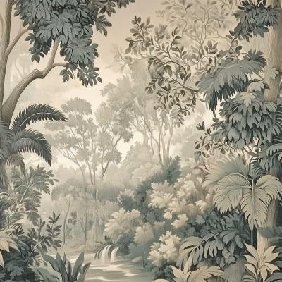 The wallpaper showcases a dense forest in a secluded valley, featuring towering trees like oaks and maples with expansive, intricately veined leaves. Ferns with large fronds and lush undergrowth provide a textured foundation. In the background, a delicate waterfall gracefully cascades into a sparkling stream, its gentle flow enhancing the serene atmosphere. The color palette is comprised of muted greens and browns, interspersed with soft hints of grays and blues to convey tranquility and harmony throughout the scene.