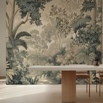 A large wallpaper mural depicts a lush green valley, featuring vibrant shades of green and hints of blue to create a serene atmosphere.