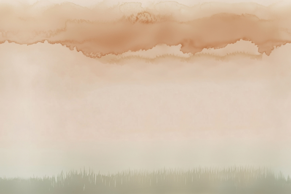 Abstract watercolor wallpaper featuring soft browns and creams blending seamlessly to create a cloudy effect at the top. The bottom displays a gentle horizon line with thin, vertical lines suggestive of grass or reeds. The overall design evokes the serene essence of nature's fleeting moments, perfect for adding tranquility to any space. Keywords: abstract, watercolor, soft browns, creams, cloudy effect, horizon line, vertical lines, grass-like elements.