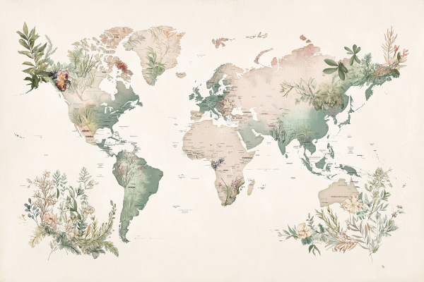 A world map wallpaper with continents adorned by floral and greenery illustrations. The design evokes the essence of a Timberland, with greenery seamlessly integrated into varying shades of earthy tones. Features include lush leaves, blooming flowers, vines, and subtle bark textures. Dominant colors are forest green, deep brown, soft beige, olive, moss green, and hints of muted earth reds and oranges for artistic flair. Nature-inspired elements create a harmonious blend that captures the beauty of wilderness on a global scale.