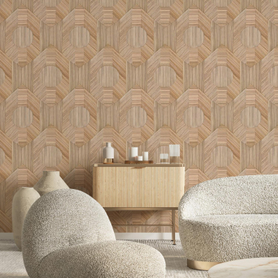 The wallpaper features a geometric pattern in warm tones, including shades of terracotta, ochre, and soft browns.