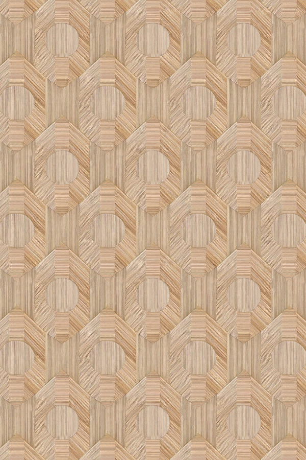 Geometric pattern, Timberland-inspired, wooden texture, interlocking octagonal shapes, three-dimensional appearance, illusion of depth and complexity. Visible wood grain for natural and rustic feel. Elements include: octagons, wood grain. Colors feature earthy browns and tans with shadows enhancing depth.